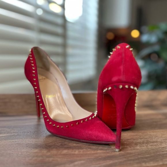 💯 AUTH Christian Louboutin Anjalina 100 pumps red in suede with gold spikes - Picture 8 of 15